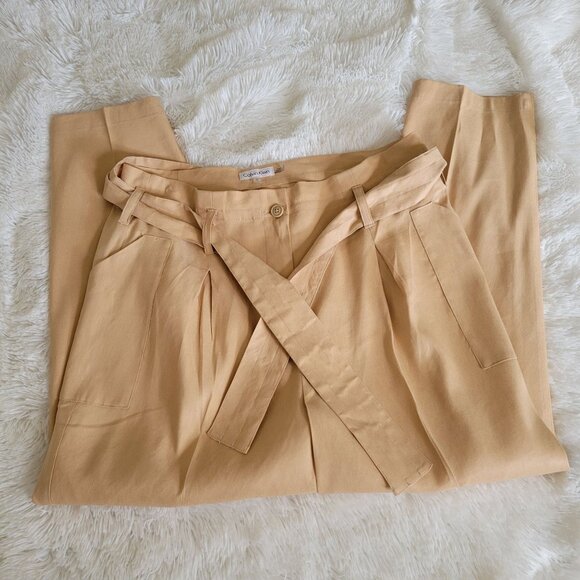 Calvin Klein Women's Tan Belted High Waist Pleated Linen Blend Pants Sz 12 - Picture 6 of 11
